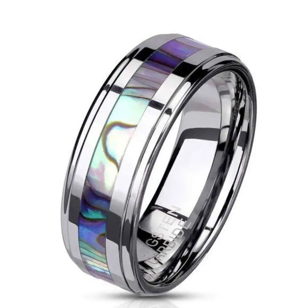 New‎ Abalone Inlay Center Stepped Edges Tungsten Carbide Rings  size 9